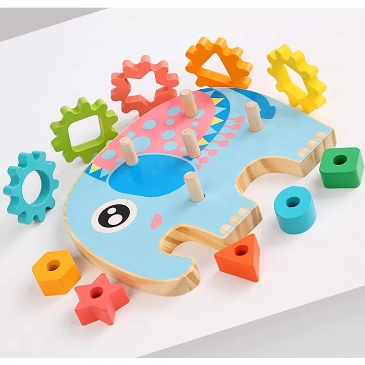 KLOCKI DREWNIANE SORTER EDUKACYJNY MONTESSORI SŁOŃ ZĘBATKI