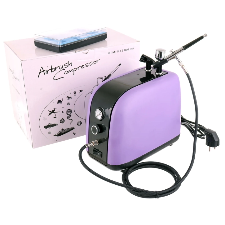 Cichy Kompresor Modelarski HS-386 Auto Stop Wentylator Filtr Aerograf 0,3mm