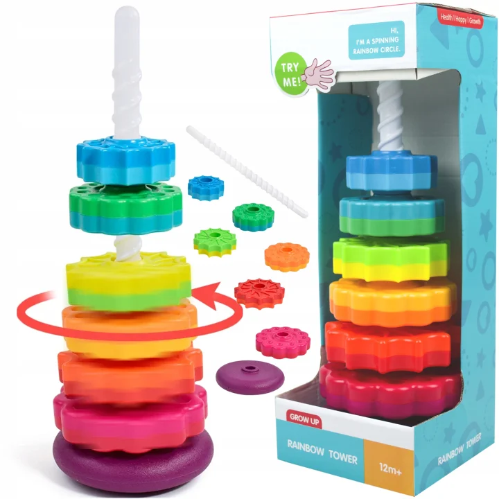 TĘCZOWA PIRAMIDKA UKŁADANKA WIEŻA ZABAWKA EDUKACYJNA ZAKRĘCONA SPIRALA 41cm