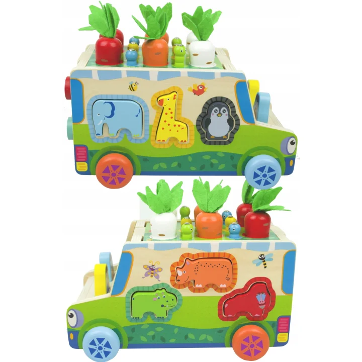 DREWNIANY SORTER KLOCKÓW MONTESSORII ZŁAP ROBACZKA SORTER AUTO Z WARZYWAMI