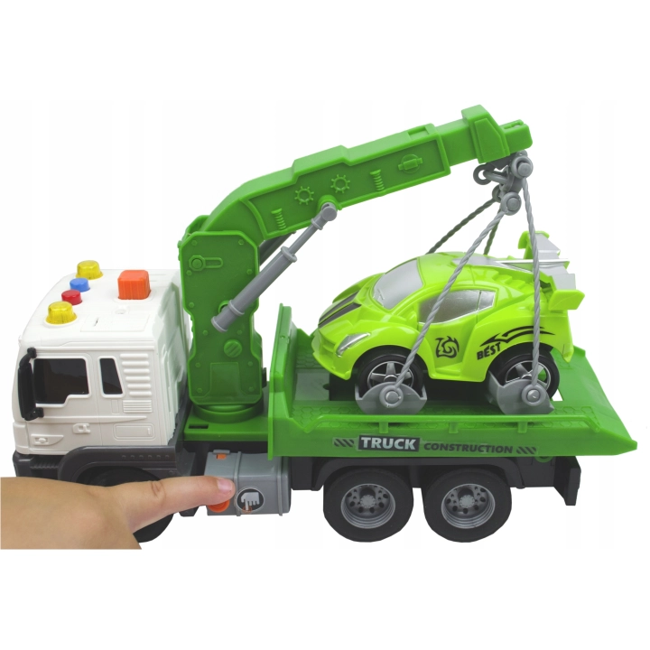 POMOC DROGOWA ZIELONA LAWETA 1:16 HOLOWNIK SAMOCHÓD ŚWIATŁA DŹWIĘK + AUTO