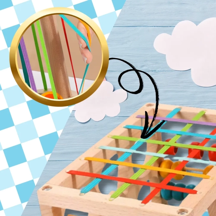 DREWNIANY SORTER KLOCKÓW ELASTYCZNA KOSTKA SENSORYCZNA MONTESSORI GUMKI 12 KLOCKÓW