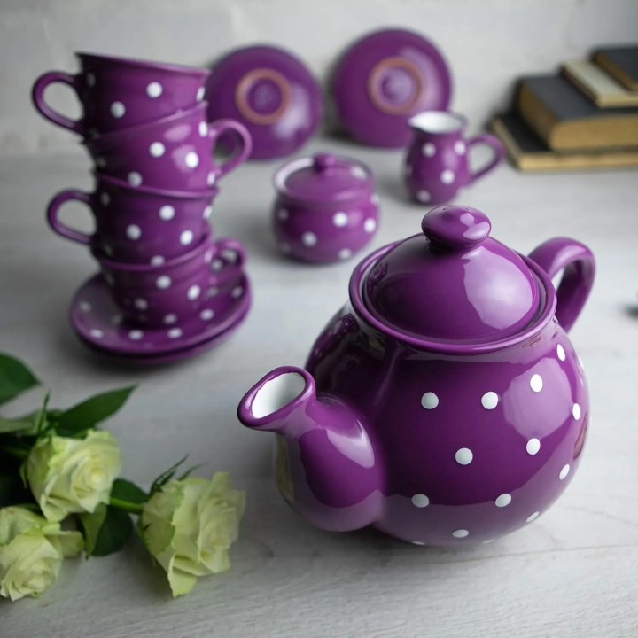 Ręcznie robiony fioletowo-biały zestaw ceramiczny NIE KOMPLET