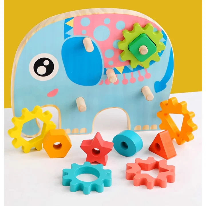 KLOCKI DREWNIANE SORTER EDUKACYJNY MONTESSORI SŁOŃ ZĘBATKI