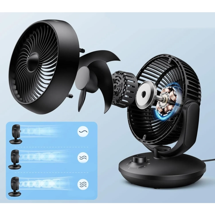 Wentylator stołowy cichy FTOTHH XD-1589F 22dB 3 prędkości regulacja 90° 3D turbo czarny
