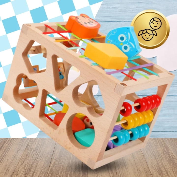 DREWNIANY SORTER KLOCKÓW ELASTYCZNA KOSTKA SENSORYCZNA MONTESSORI GUMKI 12 KLOCKÓW