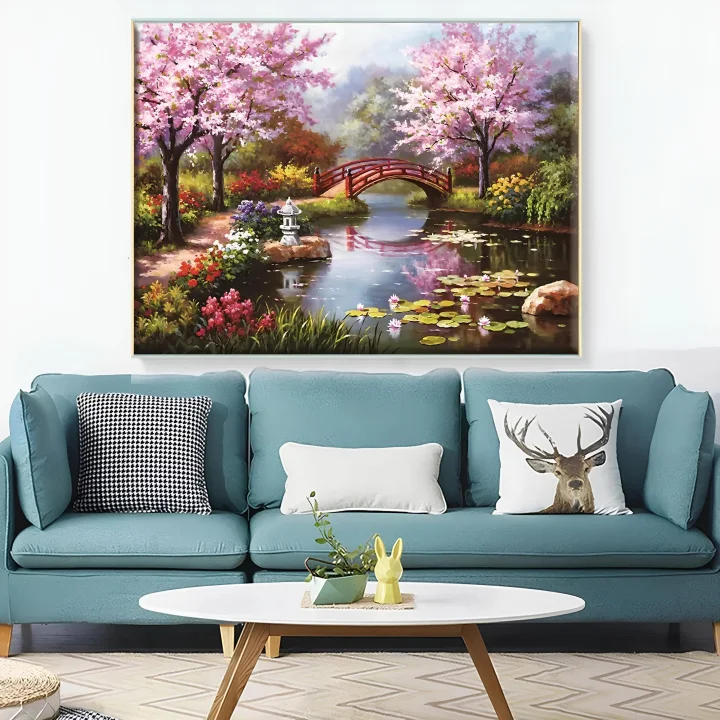 Zestaw do haftu krzyżykowego Sakura 50x40 cm pełny zestaw z niciami, igłami i wzorem kwitnącej wiśni do haftowania