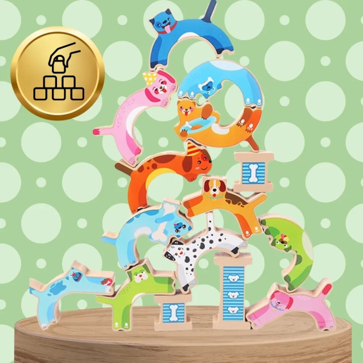BALANSUJĄCE PSY DREWNIANE GRA ZRĘCZNOŚCIOWA WIEŻA PUZZLE JHTOY-637