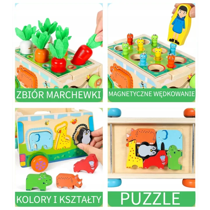 DREWNIANY SORTER KLOCKÓW MONTESSORII ZŁAP ROBACZKA SORTER AUTO Z WARZYWAMI