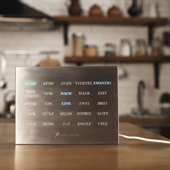 Elegancki Zegar LED do Biura build-yours BoxClock w języku niemieckim, szczotkowana stal Powystawowy