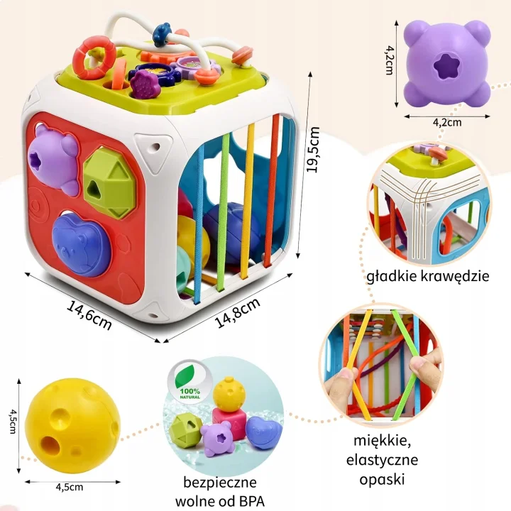 ZABAWKA SENSORYCZNA 7w1 KOSTKA SORTER CYMBAŁKI KLOCKI EDUKACYJNA