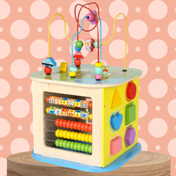 DREWNIANA KOSTKA EDUKACYJNA KOLOROWA Z LABIRYNTEM SORTER LICZYDŁO