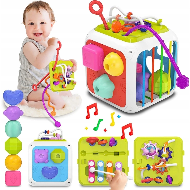 ZABAWKA SENSORYCZNA 7w1 KOSTKA SORTER CYMBAŁKI KLOCKI EDUKACYJNA
