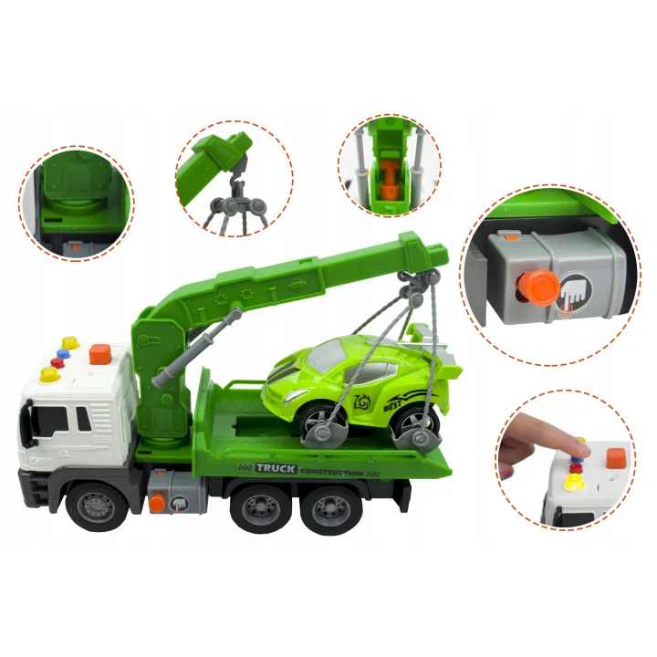 POMOC DROGOWA ZIELONA LAWETA 1:16 HOLOWNIK SAMOCHÓD ŚWIATŁA DŹWIĘK + AUTO