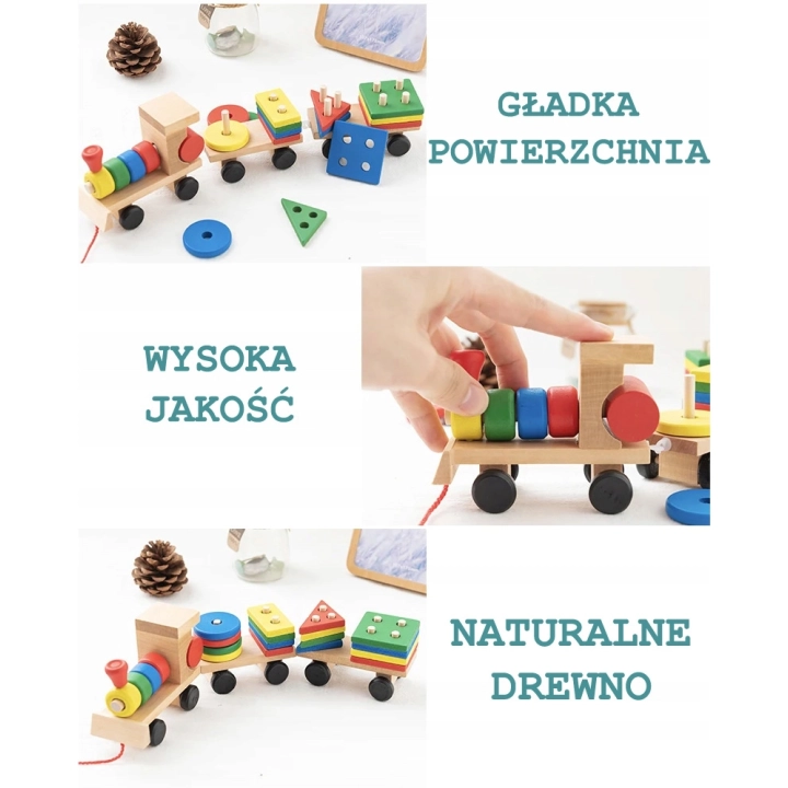 LT292 DREWNIANY POCIĄG Z KLOCKAMI SORTER MONTESSORI WAGONY