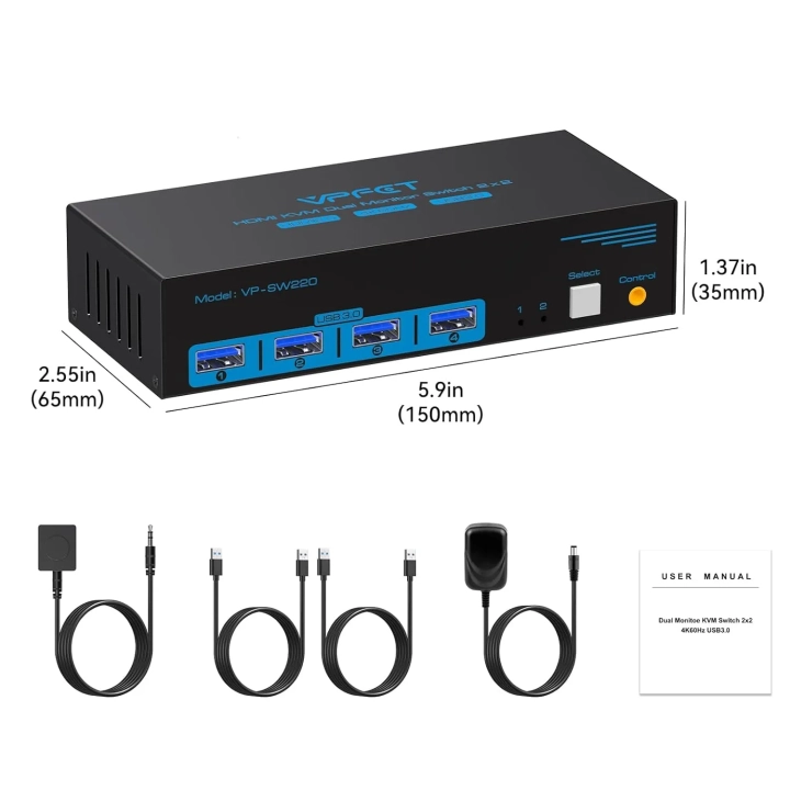 Przełącznik HDMI KVM CMSTEDCD VP-SW220 4K 60Hz 2PC 2 monitory USB 3.0, pilot