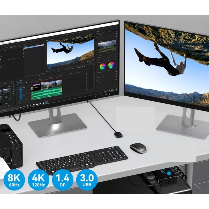 Przełącznik KVM DisplayPort 2xPC na 2 monitory 4K120Hz 8K60Hz USB3.0