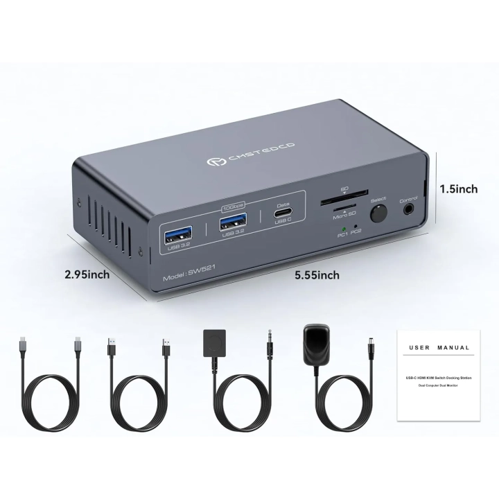 Przełącznik KVM USB-C 13w1 2 monitory 2 komputery HDMI 4K60Hz EDID FQuanmap FQ-de-SW521 POWYSTAWOWY