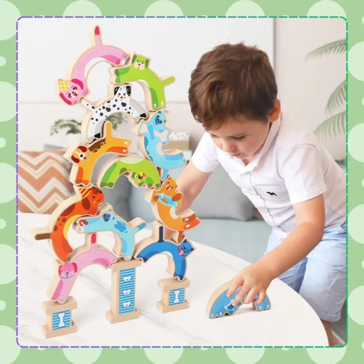 BALANSUJĄCE PSY DREWNIANE GRA ZRĘCZNOŚCIOWA WIEŻA PUZZLE JHTOY-637