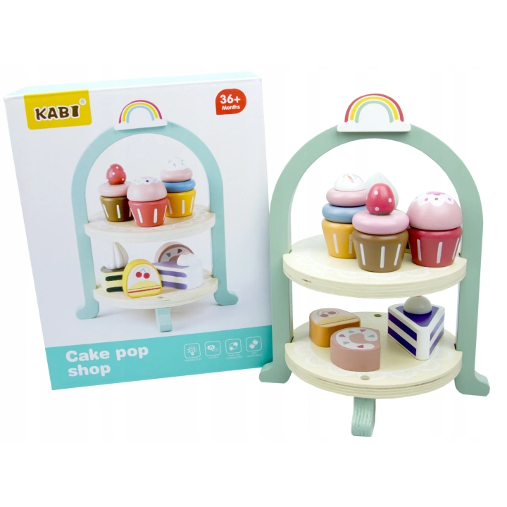 DREWNIANY ZESTAW MAŁEGO CUKIERNIKA PATERA NA CIASTA STOJAK NA MUFFINKI