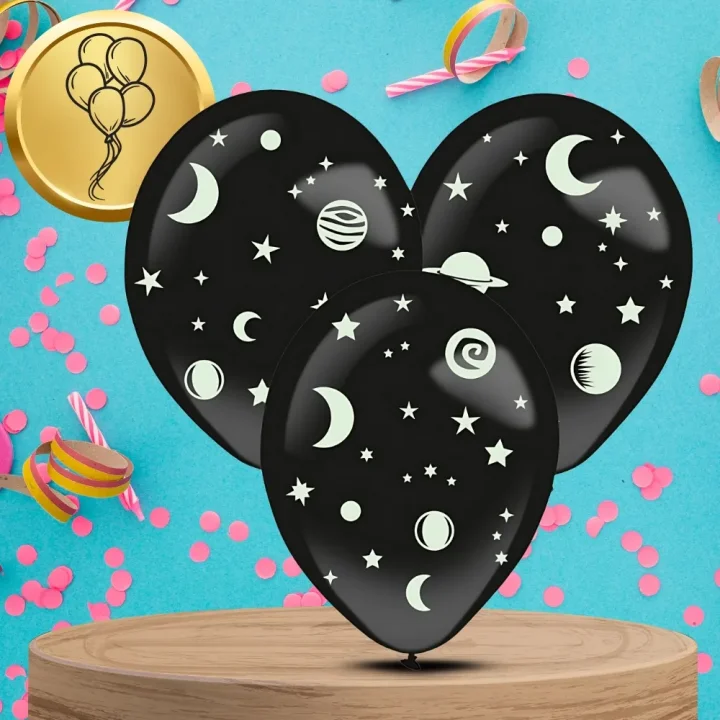 BALONY DMUCHANE LATEKSOWE CZARNE 3 SZT + NAKLEJKI GWIAZDKI FLUO NA URODZINY