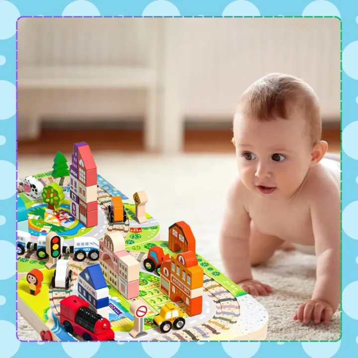 DREWNIANE KLOCKI EDUKACYJNE MIASTO LOKOMOTYWA ZESTAW SKRZYNKA DLA DZIECI