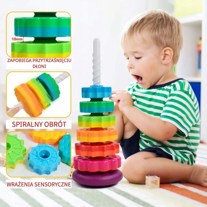 TĘCZOWA PIRAMIDKA UKŁADANKA WIEŻA ZABAWKA EDUKACYJNA ZAKRĘCONA SPIRALA 41cm