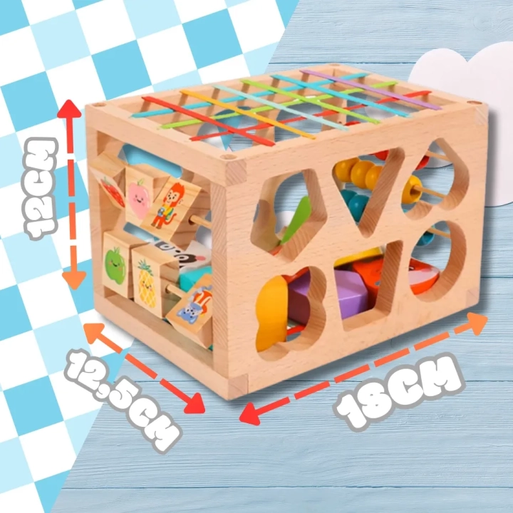 DREWNIANY SORTER KLOCKÓW ELASTYCZNA KOSTKA SENSORYCZNA MONTESSORI GUMKI 12 KLOCKÓW