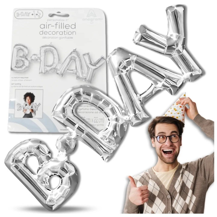 BALON FOLIOWY OGROMNY NAPIS B-DAY SREBRNY URODZINY 66 CM x 22 CM