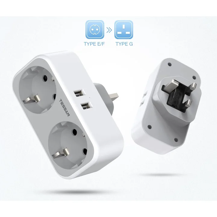 Adapter TESSAN TS-321-UK Wtyczka, 4 w 1 Wtyczka UK, z 2 gniazdami i 2 USB