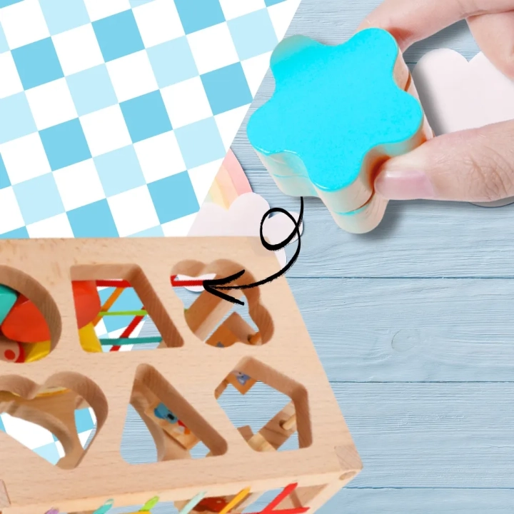 DREWNIANY SORTER KLOCKÓW ELASTYCZNA KOSTKA SENSORYCZNA MONTESSORI GUMKI 12 KLOCKÓW