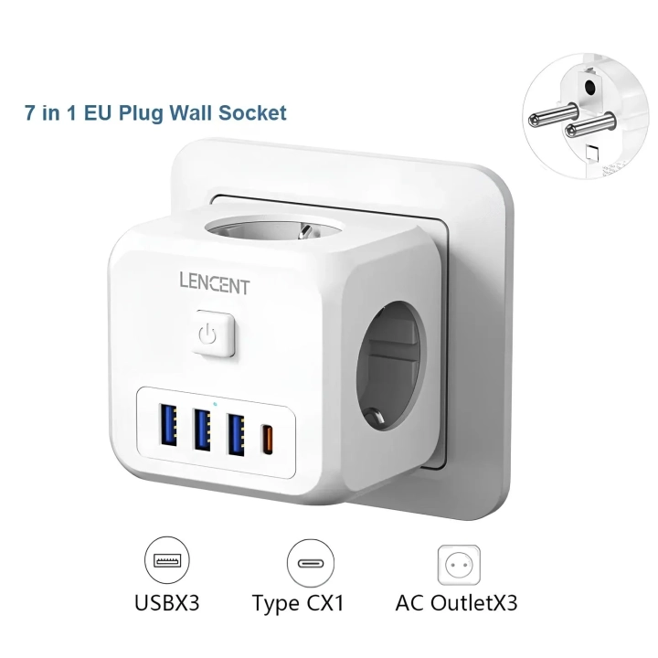 Listwa ścienna LENCENT 7 w 1 EU Plug, PD35W 3AC 3U1C listwa zasilająca z USB