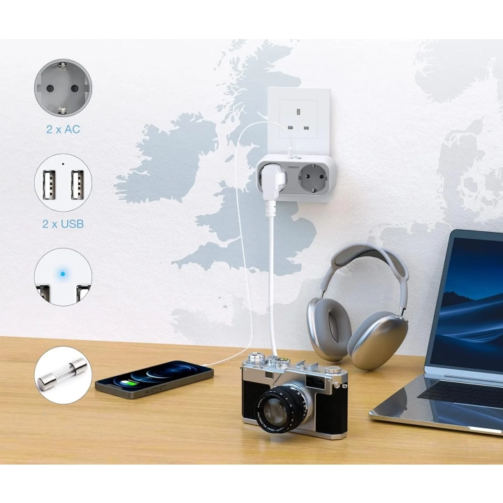 Adapter TESSAN TS-321-UK Wtyczka, 4 w 1 Wtyczka UK, z 2 gniazdami i 2 USB
