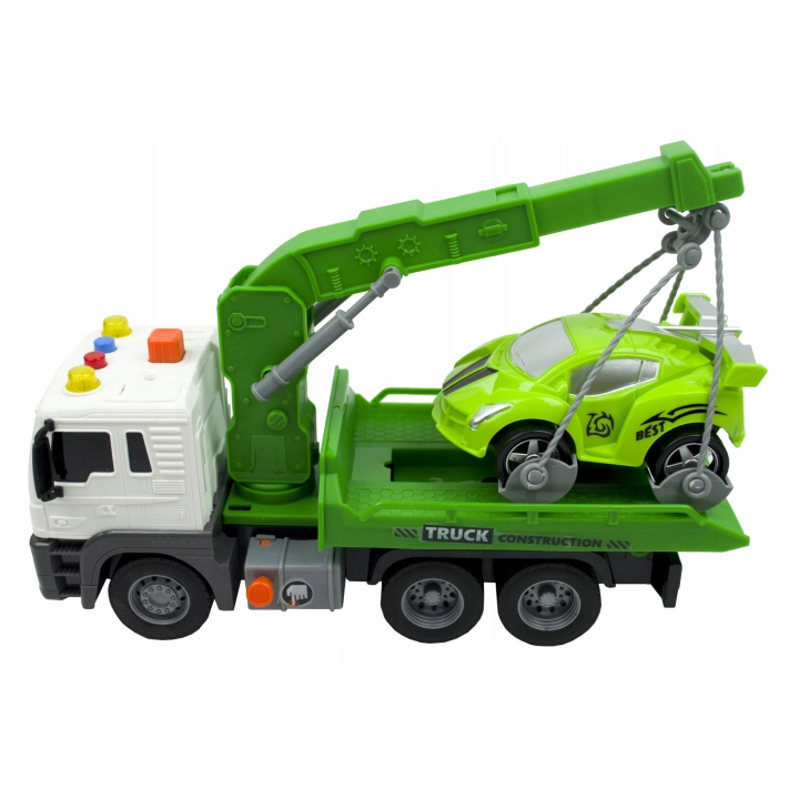 POMOC DROGOWA ZIELONA LAWETA 1:16 HOLOWNIK SAMOCHÓD ŚWIATŁA DŹWIĘK + AUTO