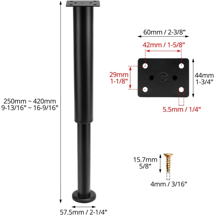 Nóżki meblowe QWORK regulowane 25-42 cm czarne 4 szt. POWYSTAWOWY