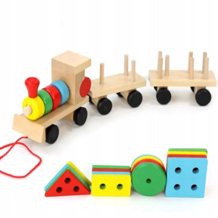 LT292 DREWNIANY POCIĄG Z KLOCKAMI SORTER MONTESSORI WAGONY