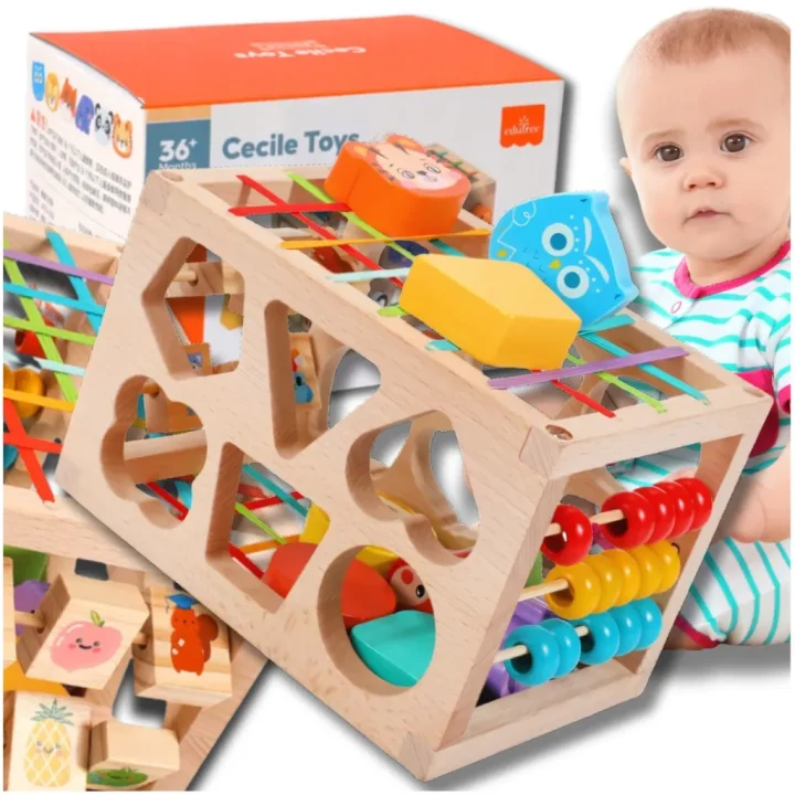 DREWNIANY SORTER KLOCKÓW ELASTYCZNA KOSTKA SENSORYCZNA MONTESSORI GUMKI 12 KLOCKÓW