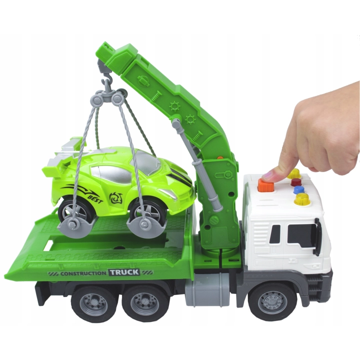 POMOC DROGOWA ZIELONA LAWETA 1:16 HOLOWNIK SAMOCHÓD ŚWIATŁA DŹWIĘK + AUTO