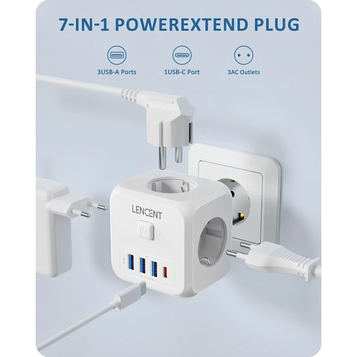 Listwa ścienna LENCENT 7 w 1 EU Plug, PD35W 3AC 3U1C listwa zasilająca z USB