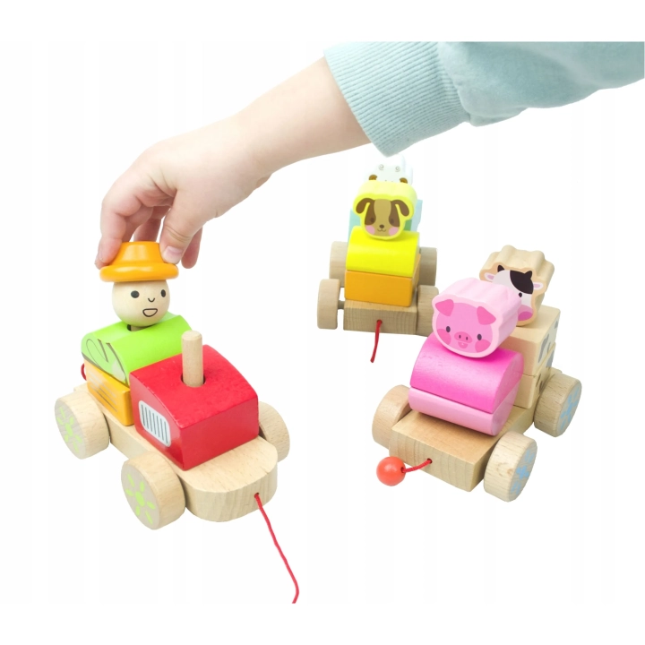 DREWNIANY POCIĄG Z KLOCKAMI WIEJSKA SCENERIA TRAKTOR FARMER ZWIERZĘTA