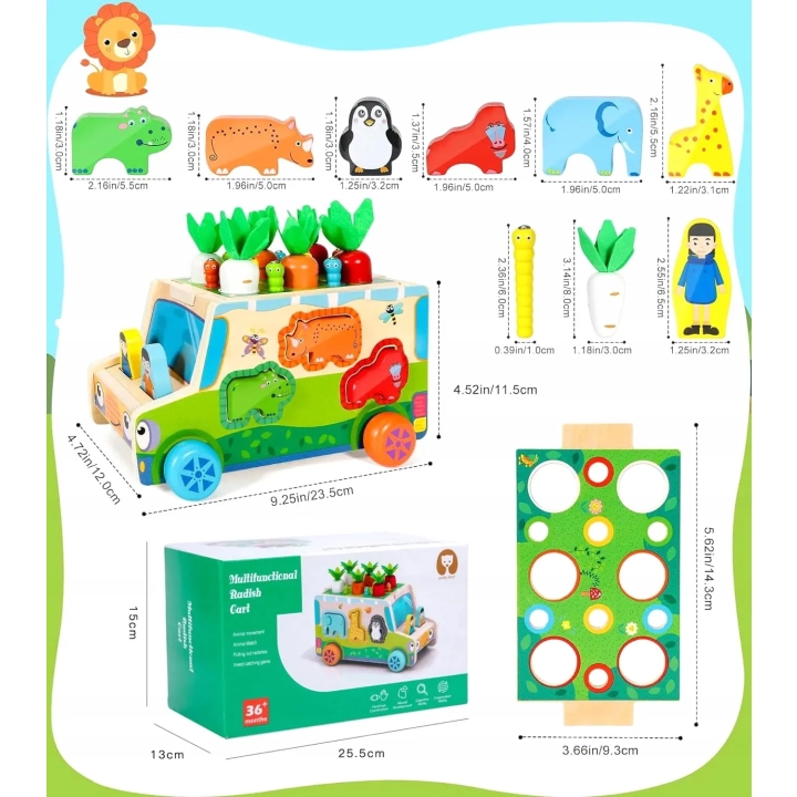 DREWNIANY SORTER KLOCKÓW MONTESSORII ZŁAP ROBACZKA SORTER AUTO Z WARZYWAMI