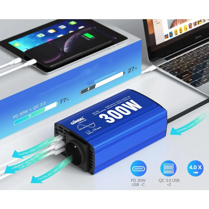 Adapter samochodowy GIANDEL PS-300C, 2x USB 4.8A, AC przetwornica napięcia z gniazdem sieciowym