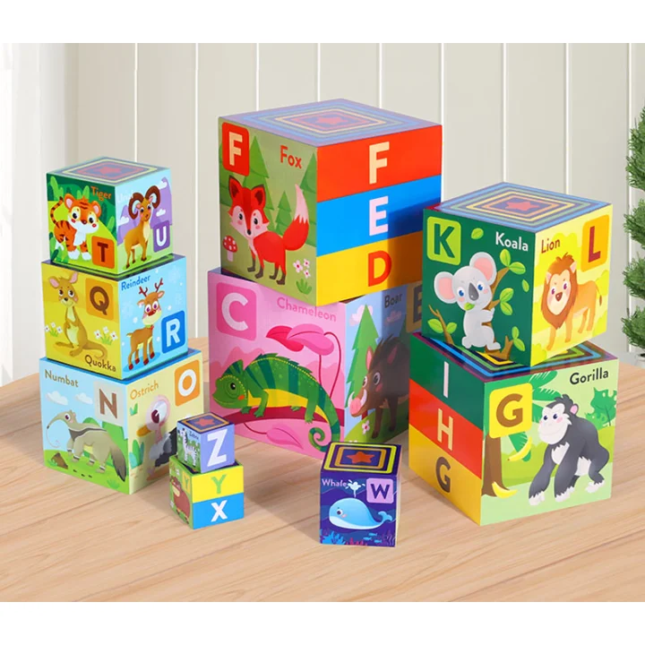 WIEŻA UKŁADANKA DREWNIANA GRA NAUKA SŁÓWEK ZWIERZĄTKA JHTOY-649