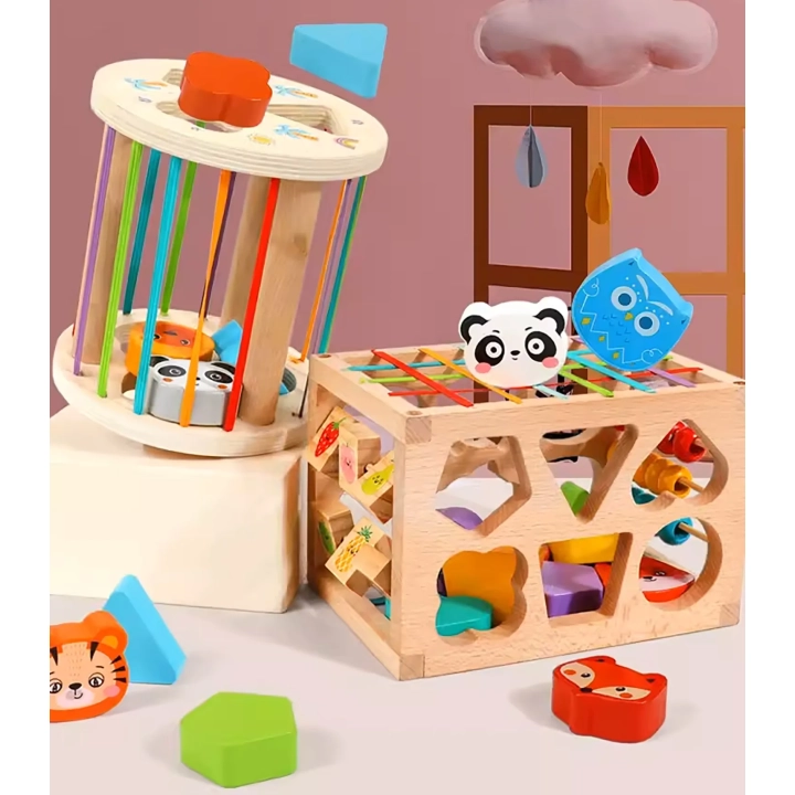 DREWNIANY SORTER KLOCKÓW ELASTYCZNA KOSTKA SENSORYCZNA MONTESSORI GUMKI 6 KLOCKÓW