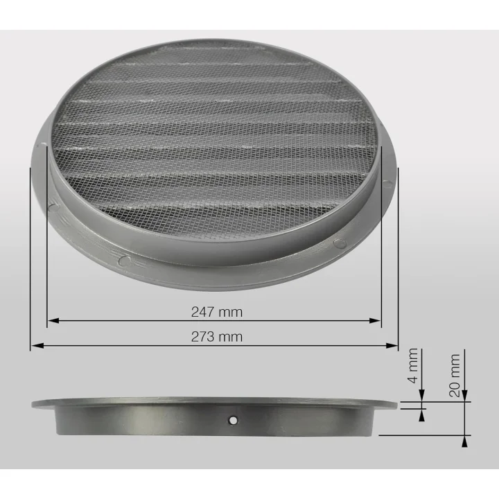 Kratka wentylacyjna aluminiowa 250mm szara z siatką do łazienki/kuchni
