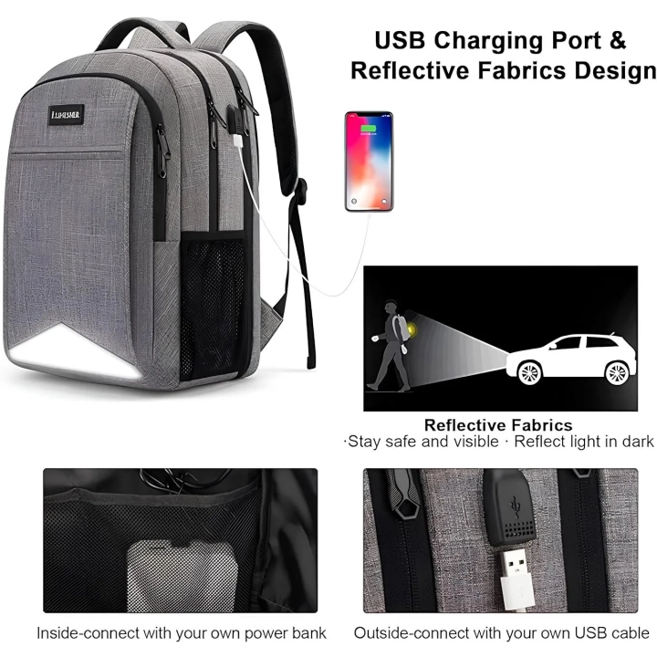 Plecak podróżny na laptopa Lumesner z portem ładowania USB szary