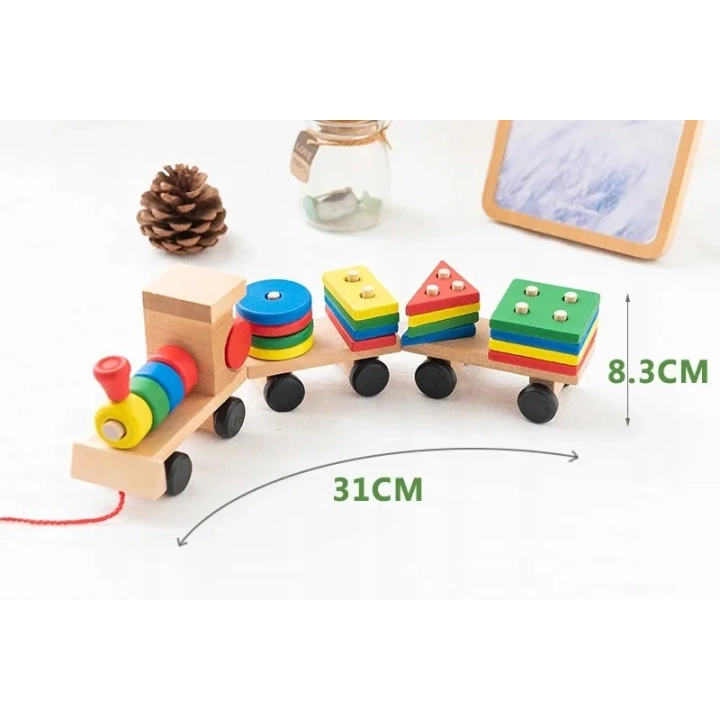 LT292 DREWNIANY POCIĄG Z KLOCKAMI SORTER MONTESSORI WAGONY