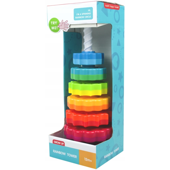 ZAKRĘCONA PIRAMIDA TĘCZOWA WIEŻA ZABAWKA MONTESSORI KOLOROWA SPIRALA 41CM