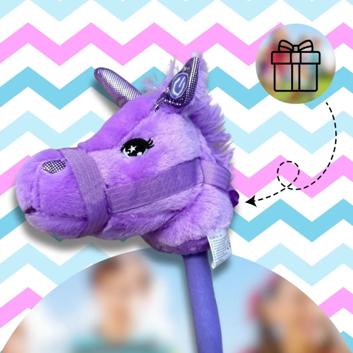 GŁOWA KONIA JEDNOROŻCA PLUSZOWA NA KIJU HOBBY HORSE FIOLETOWY Z DŹWIĘKIEM