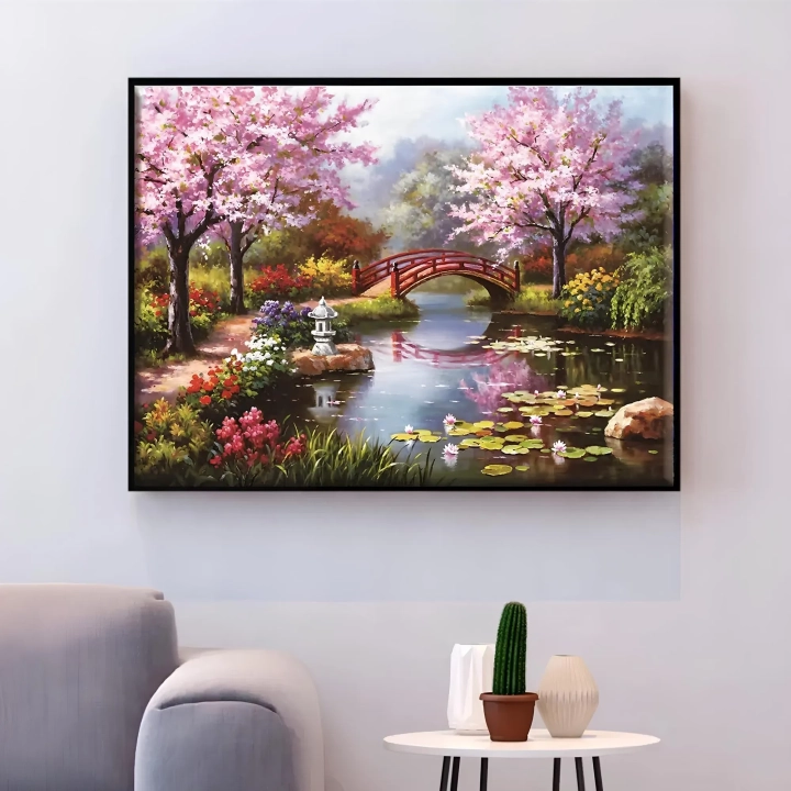 Zestaw do haftu krzyżykowego Sakura 50x40 cm pełny zestaw z niciami, igłami i wzorem kwitnącej wiśni do haftowania